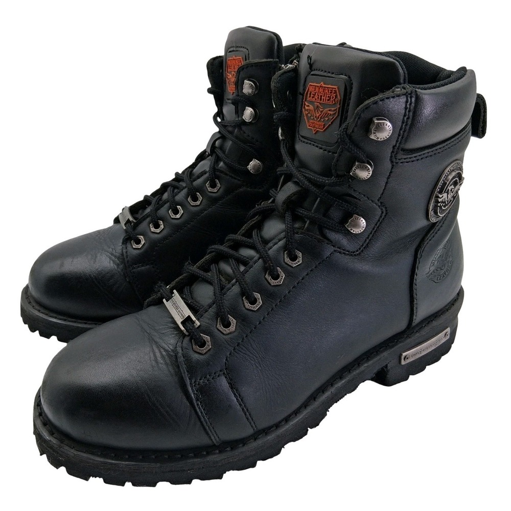 Milwaukee Leather Boots Mens Size 10 Black Leather Biker Lace Up Zip Motorcycle